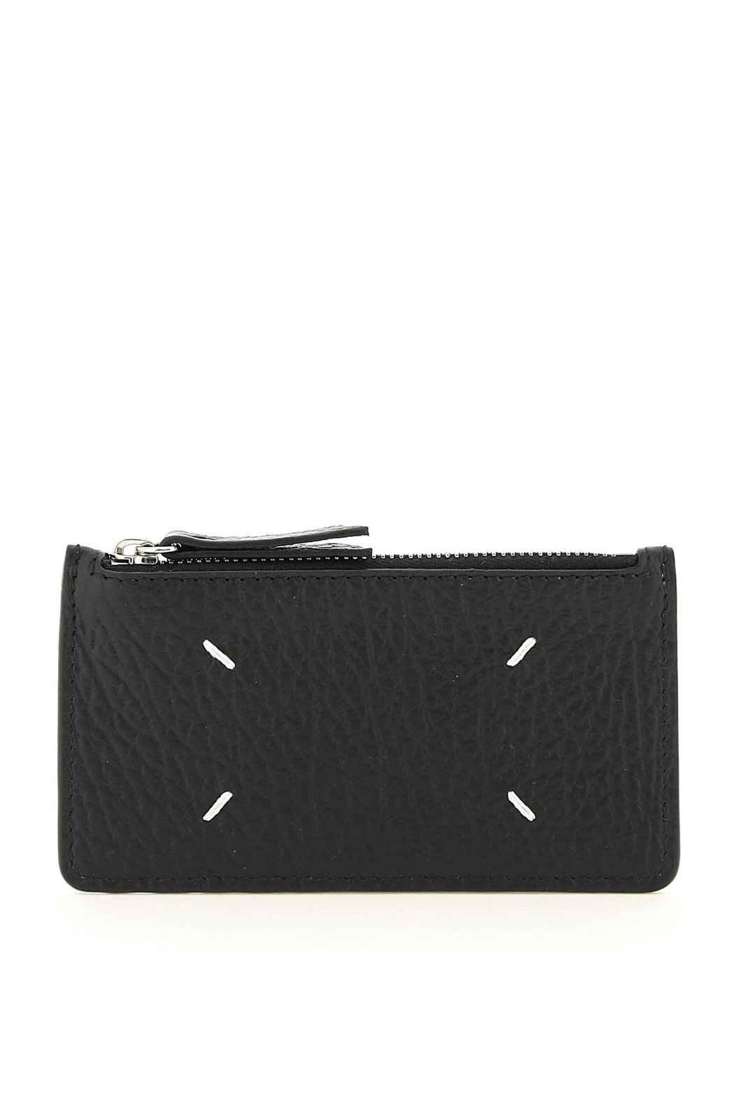 Textured Black Card Wallet With Zip Closure And Stitch Accents