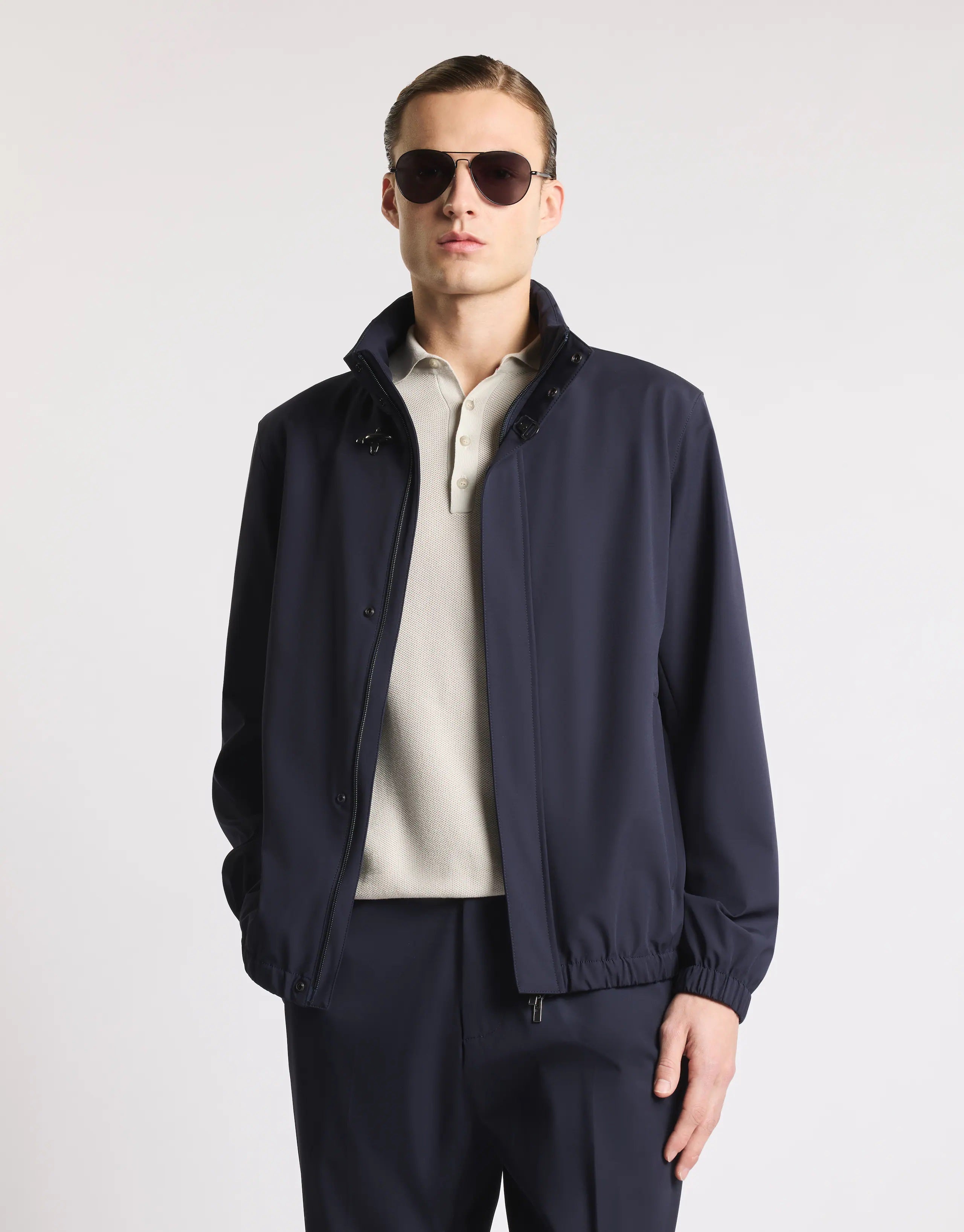 Versatile Navy Stretch Jacket with Leather Accents