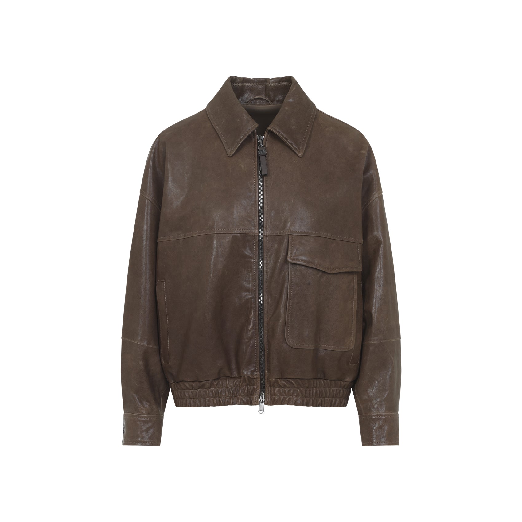 Slightly Brown Leather Jacket With Structured Collar