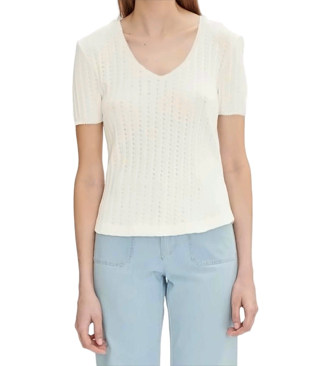 Short-Sleeve Top with Scalloped V-Neck
