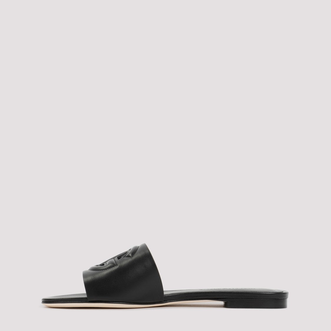 Black Leather Flat Slides Sandals