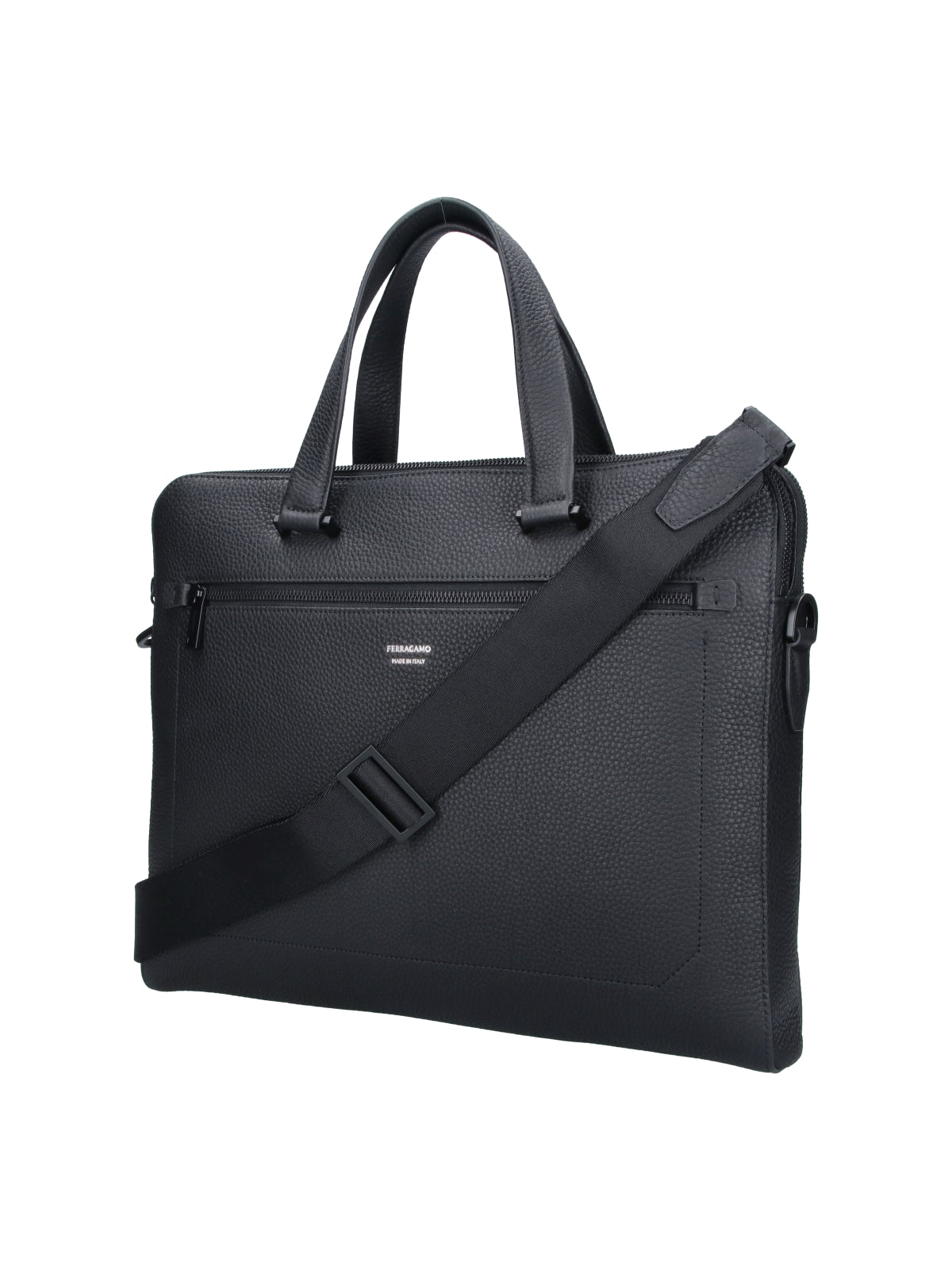 Black Textured Leather Triple Compartment Briefcase