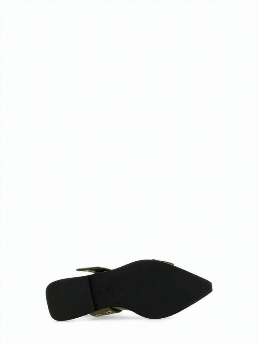 Glossy Olive Green Leather Flat Shoes with Buckle Detailing