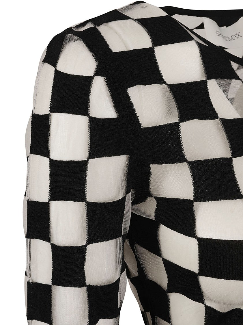 Checkered Knit Sweater With Flared Cuffs