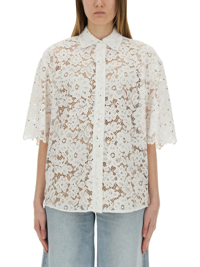 White Lace Shirt With Delicate Floral Pattern