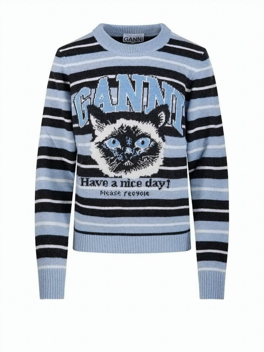 Horizontal Stripe Knit Sweater with Cat Graphic