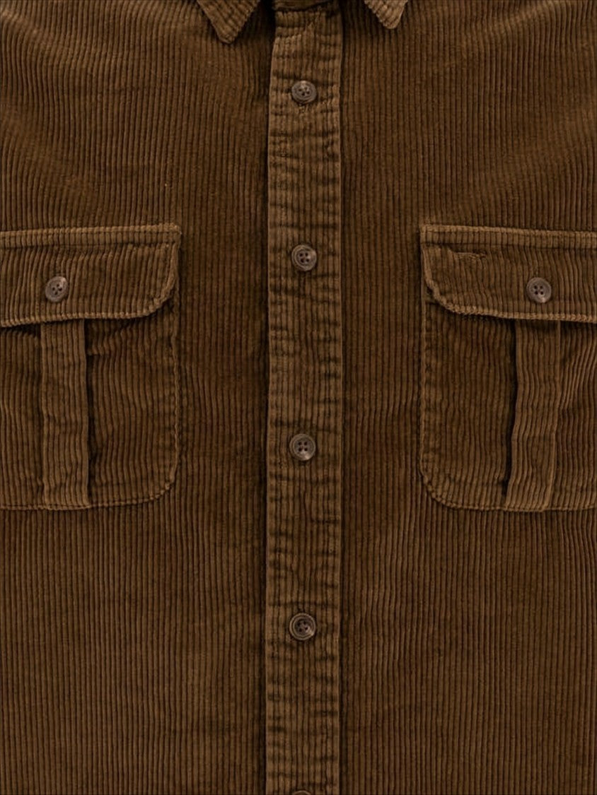 Corduroy Long-Sleeve Shirt with Classic Collar and Flap Pockets