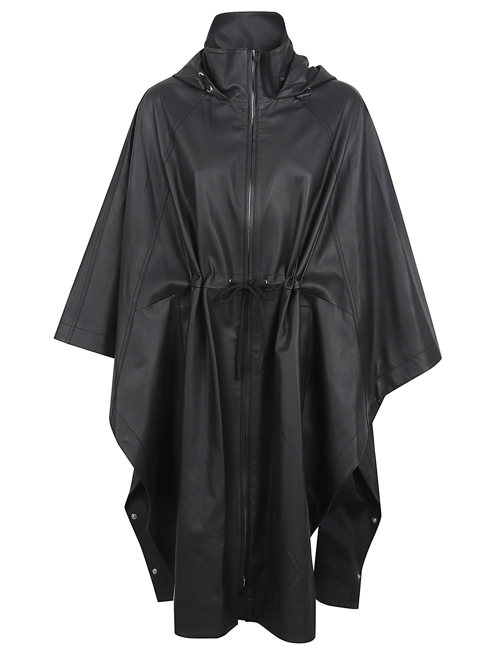 Black Lamb Leather Jacket with Adjustable Hood and Flowing Sleeves