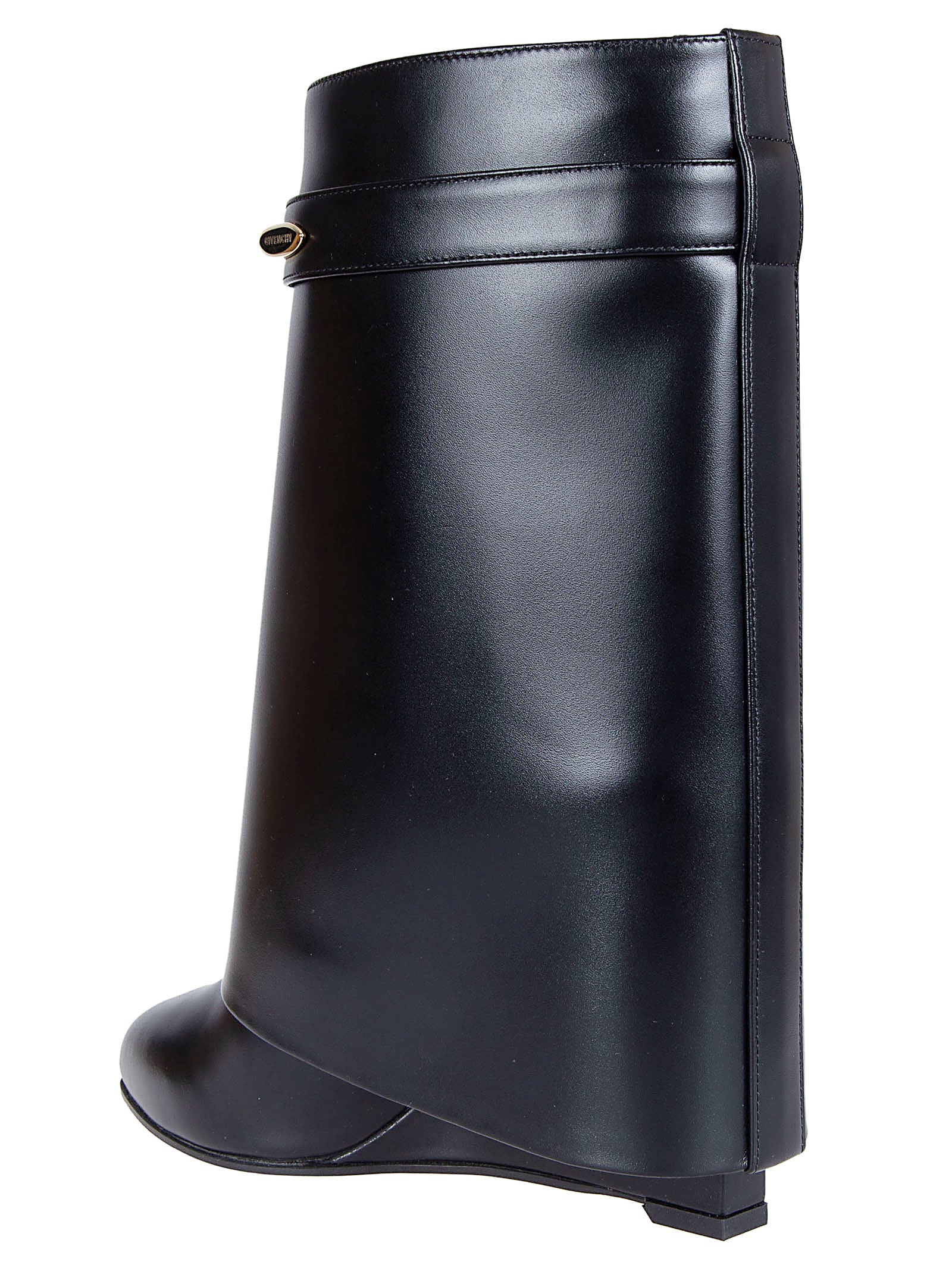 Pointed Toe Black Calf Leather Ankle Boots with Covered Wedge Heel
