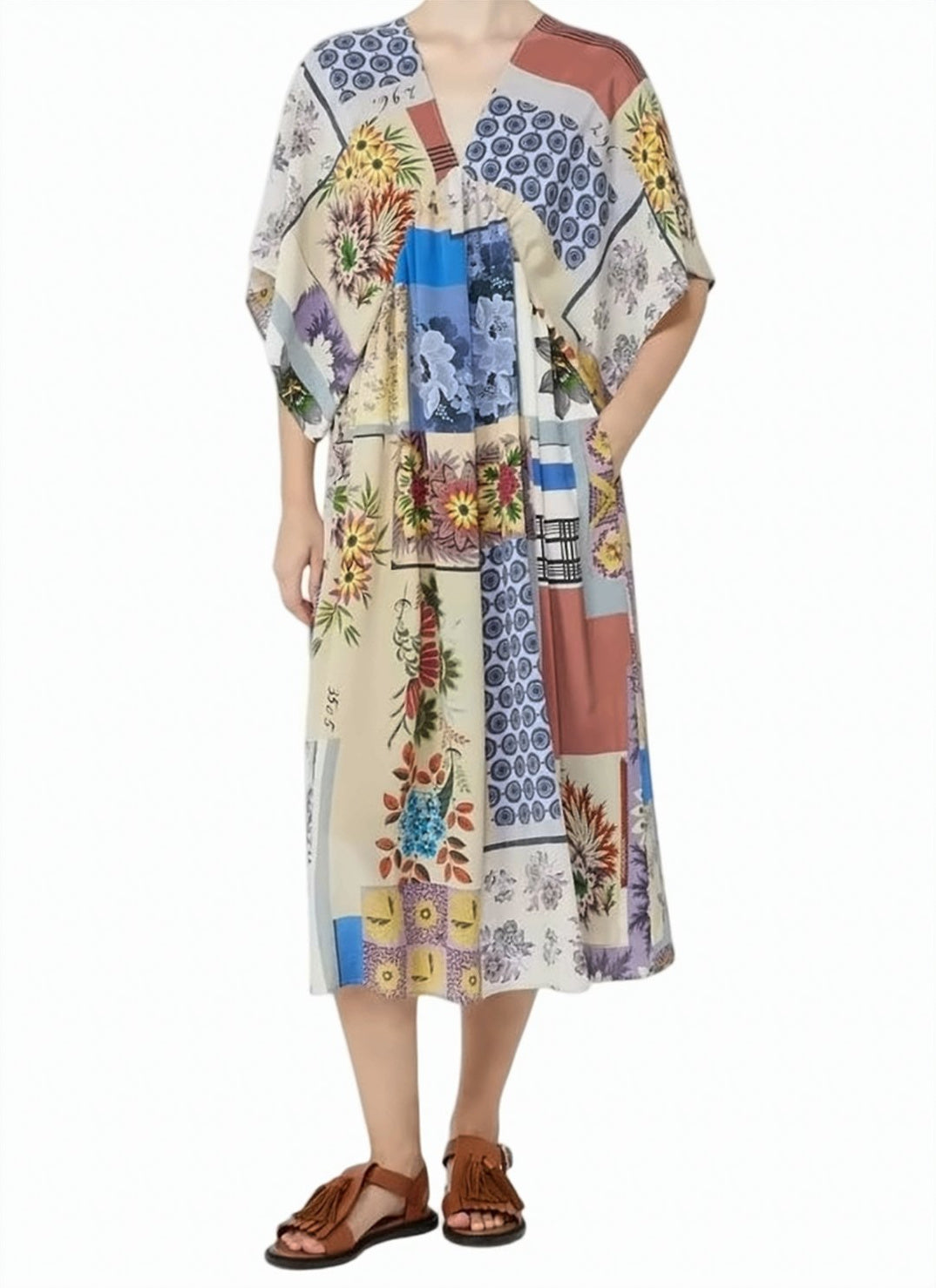 Multicolor Patchwork Floral V Neck Dress