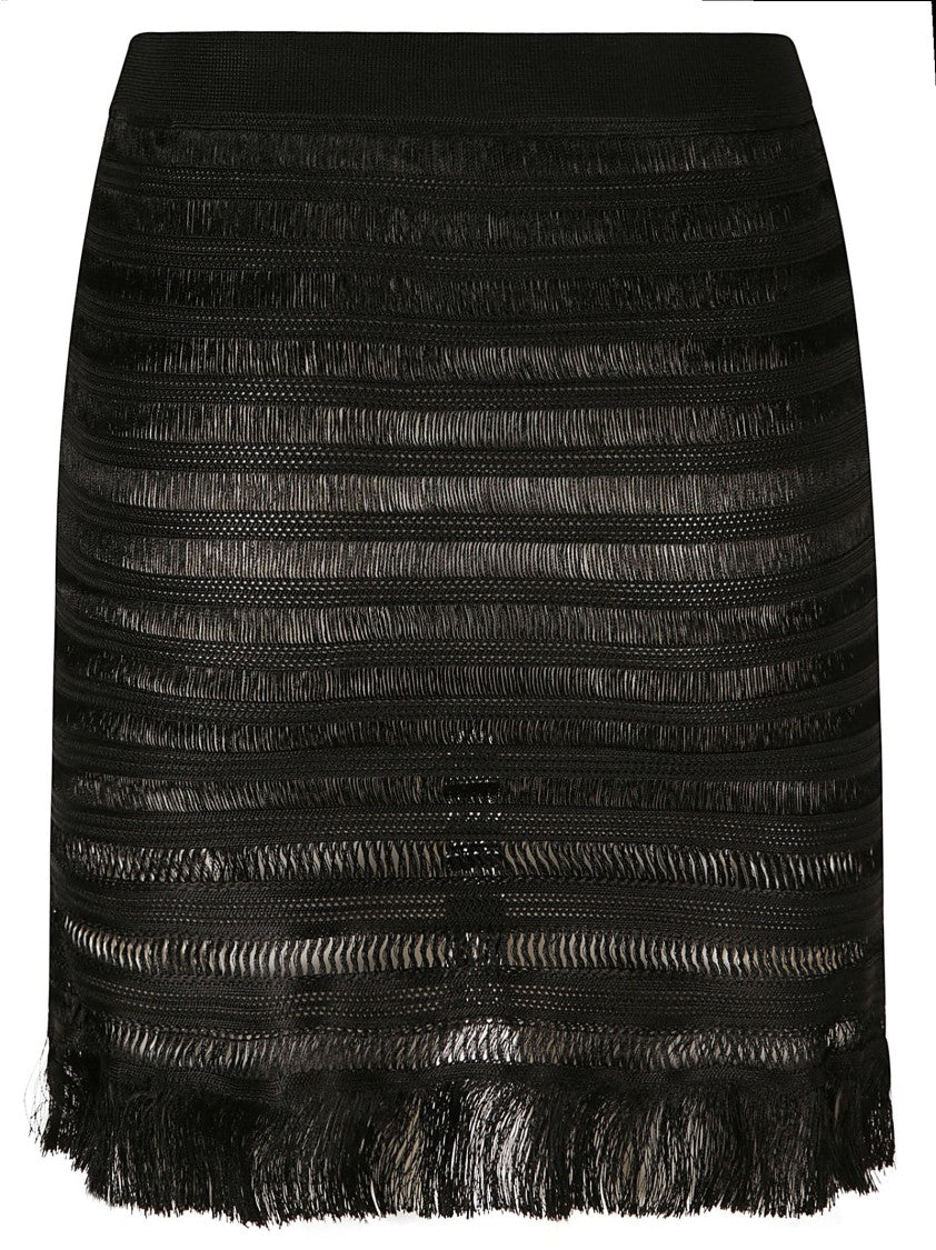 Textured Black Skirt With Fringed Hem