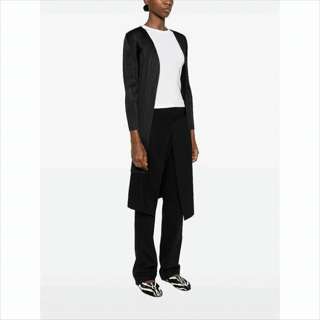 Long Pleated Cardigan with Open-Front Design