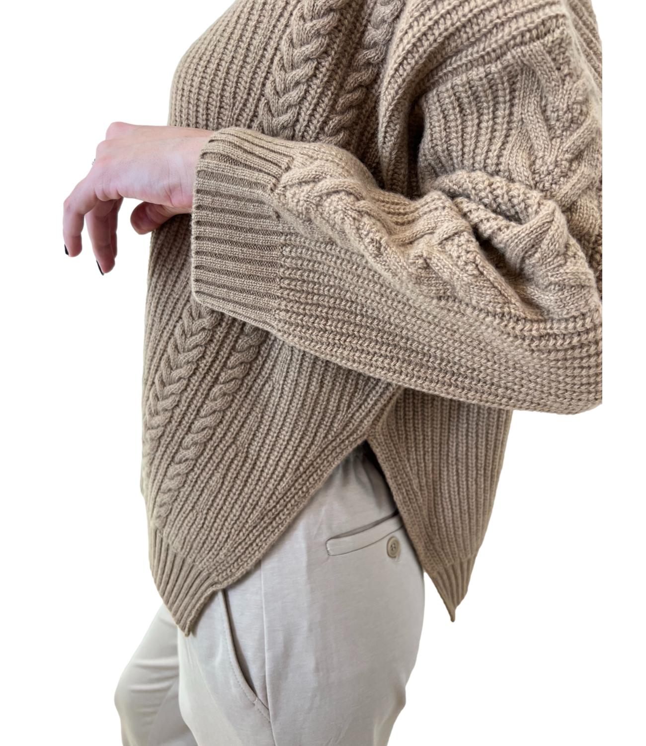 Textured Cable Knit Sweater With High Neckline