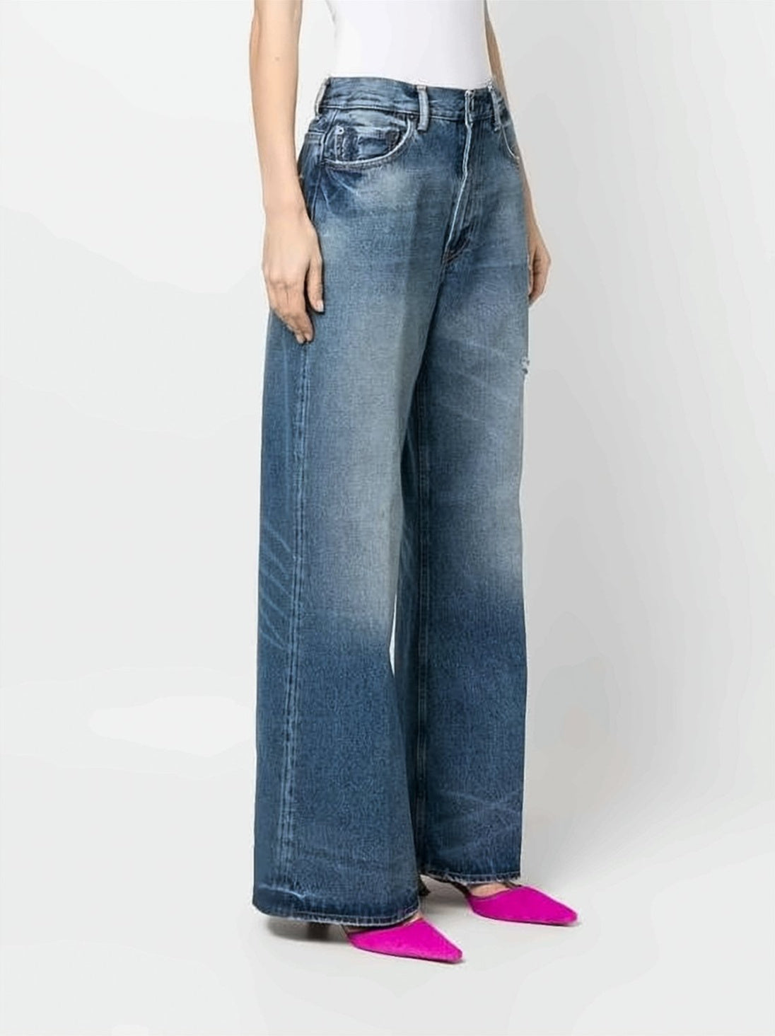 Wide-Leg Denim Pants with Vintage Wash and Frayed Hems