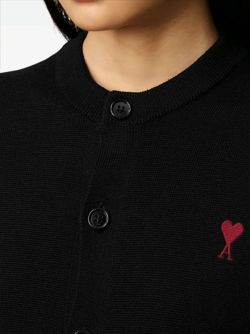 Cropped Black Wool Cardigan with Round Neckline