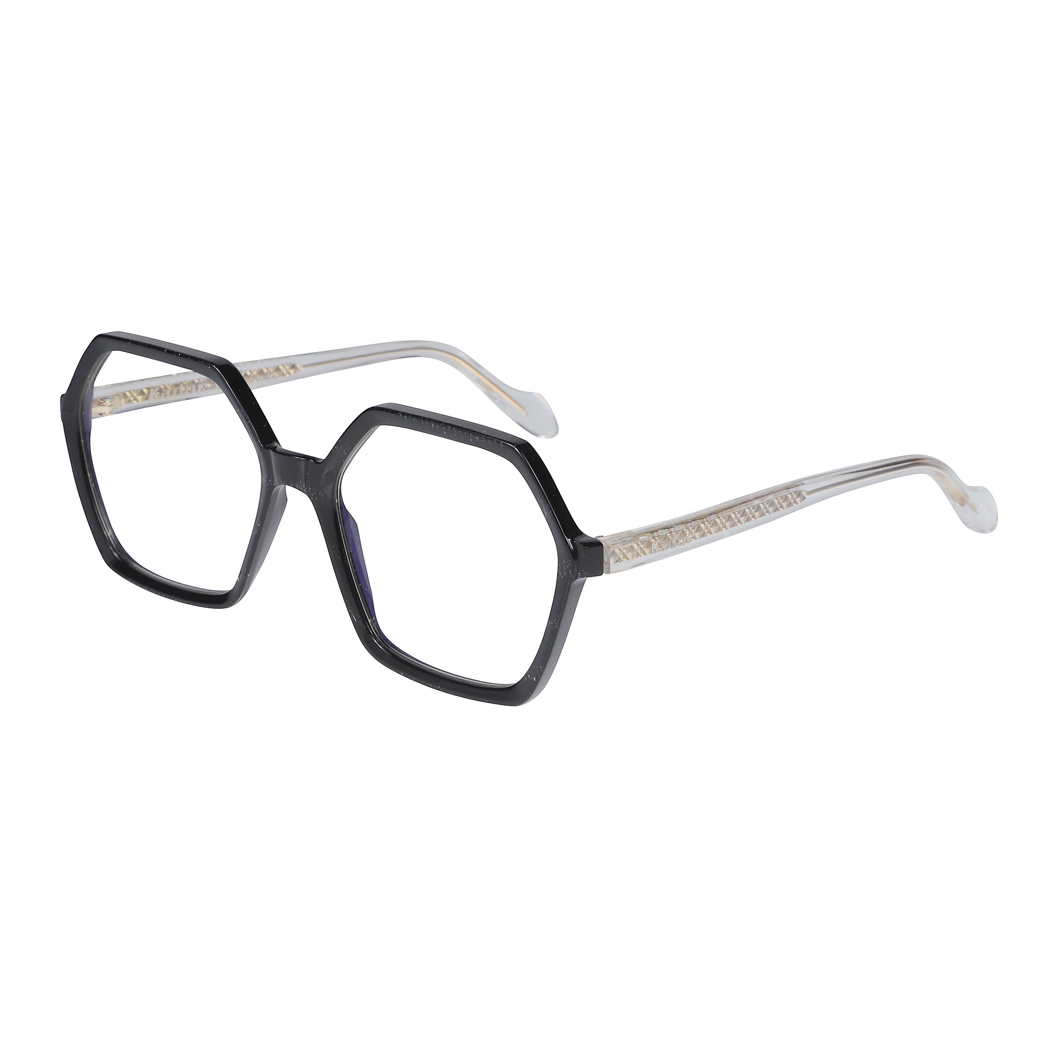 Exagon Glamour Hexagonal Black Eyeglasses with Translucent Textured Arms