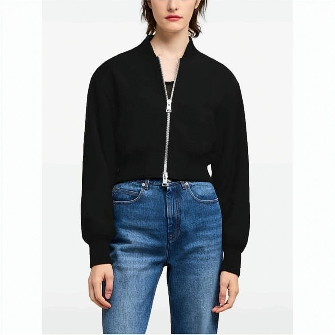 Cropped Bomber Jacket with Ribbed Details