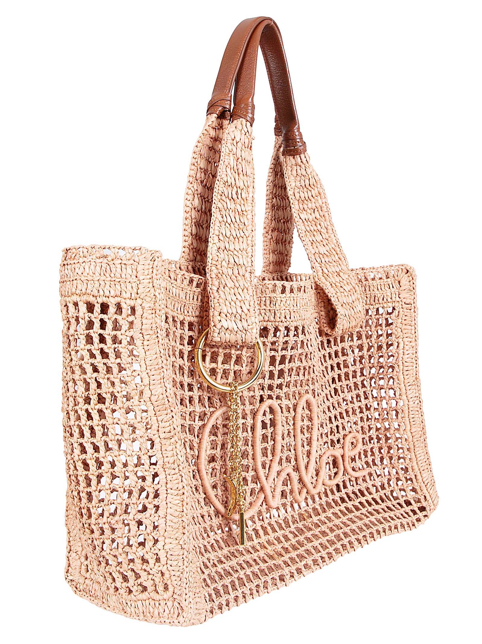 Grid-Pattern Raffia Tote Bag with Leather Accents