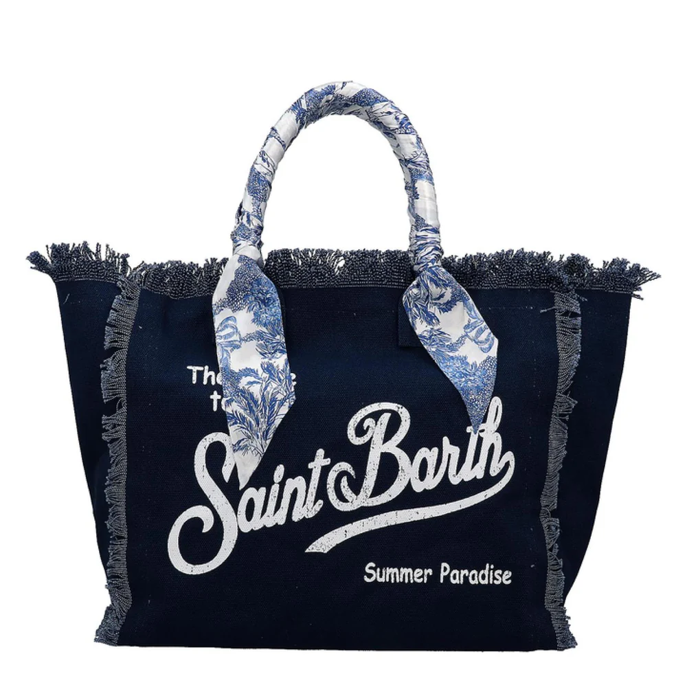 Fringed Edge Navy Tote Bag with Decorative Fabric Handles