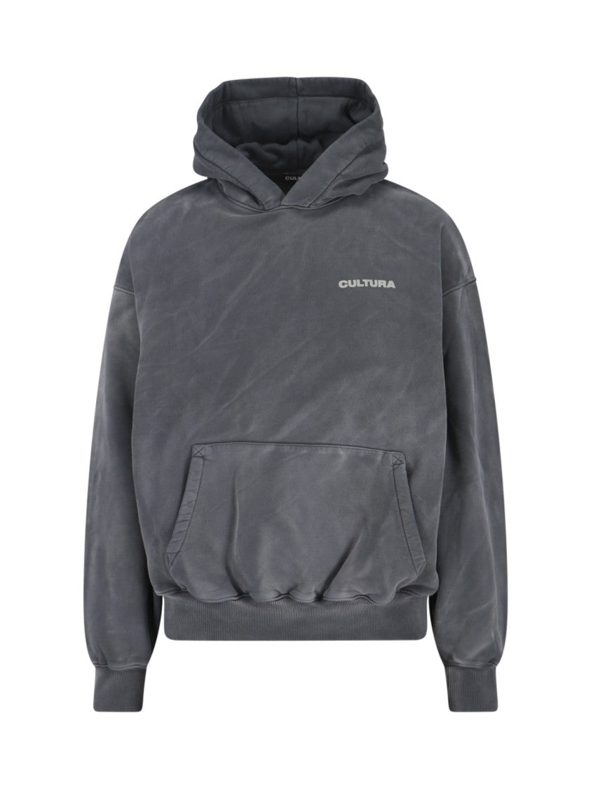 Logo Hoodie, In Grey Cotton, Worn Effect