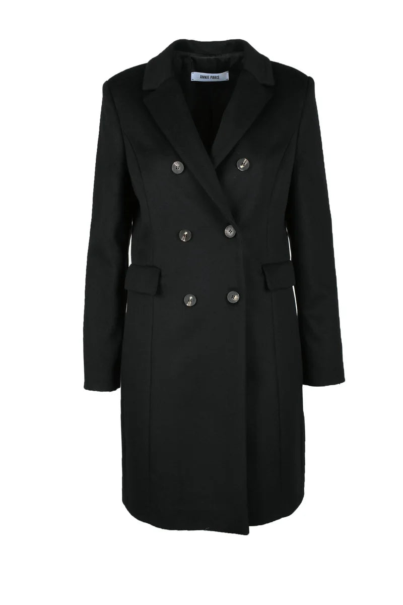 Double-Breasted Tailored Black Wool Coat