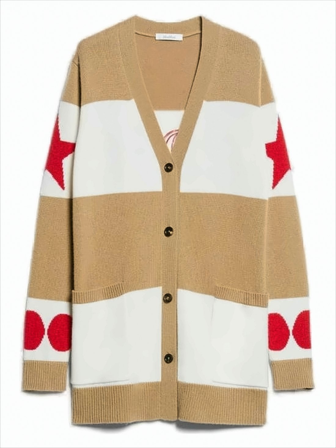 Camel Wool Cardigan With White Stripes