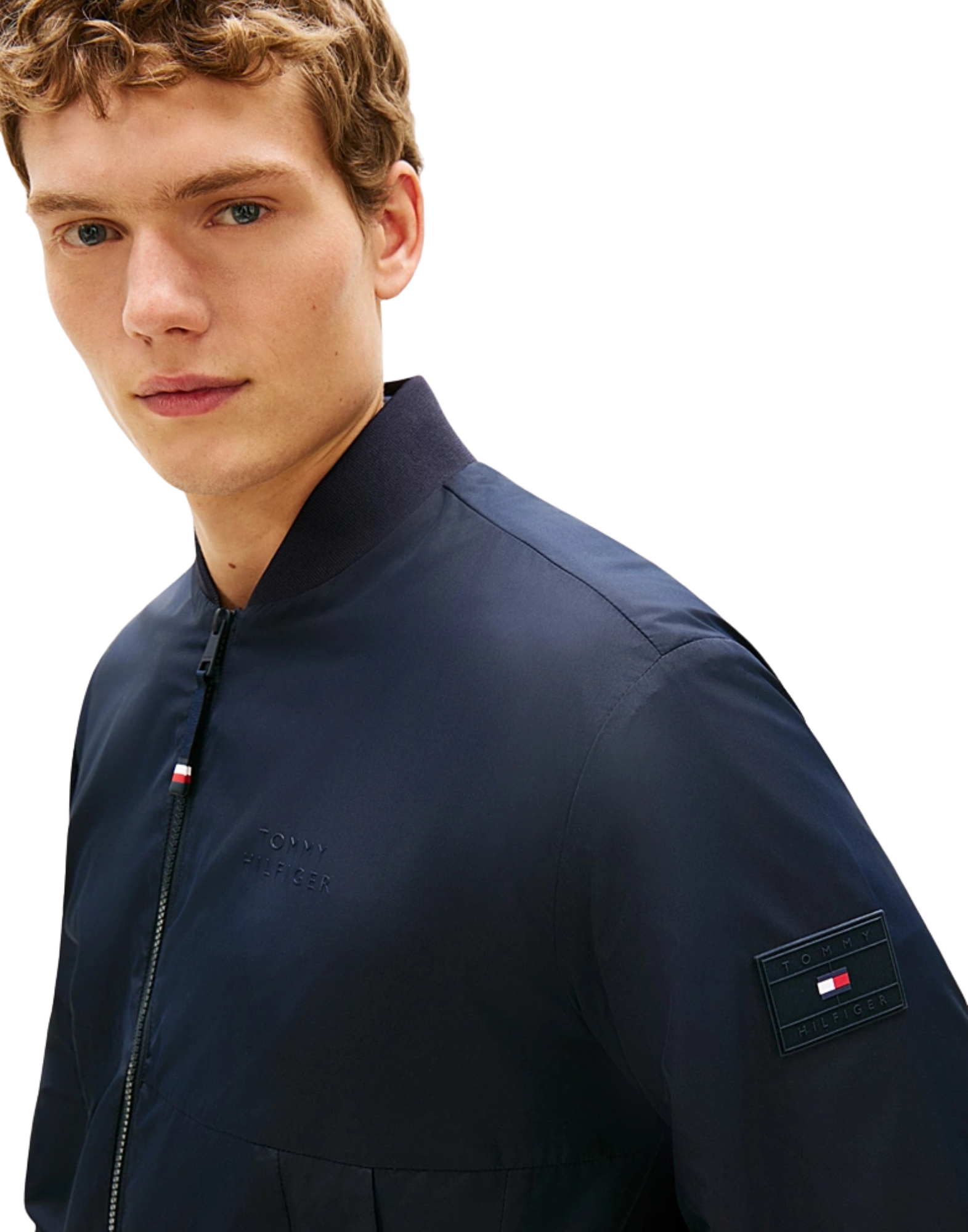 Water-Resistant Navy Bomber Jacket With Baseball Collar And Storm Flap
