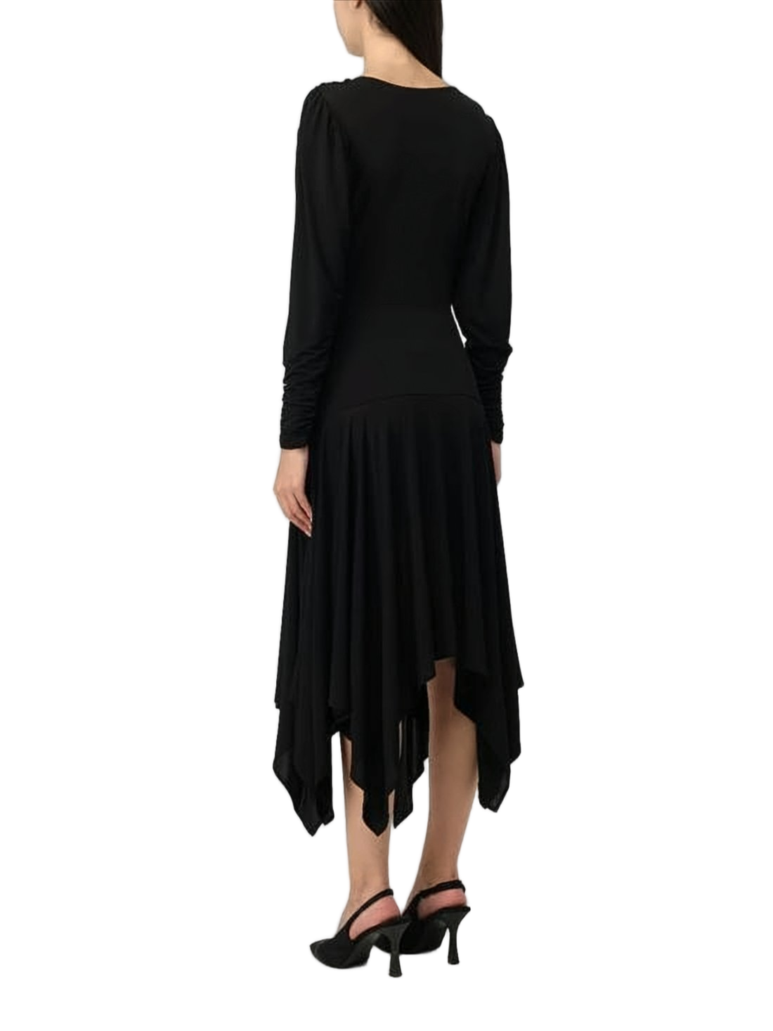 Draped Midi Dress with Ruched Bodice and Asymmetrical Hemline