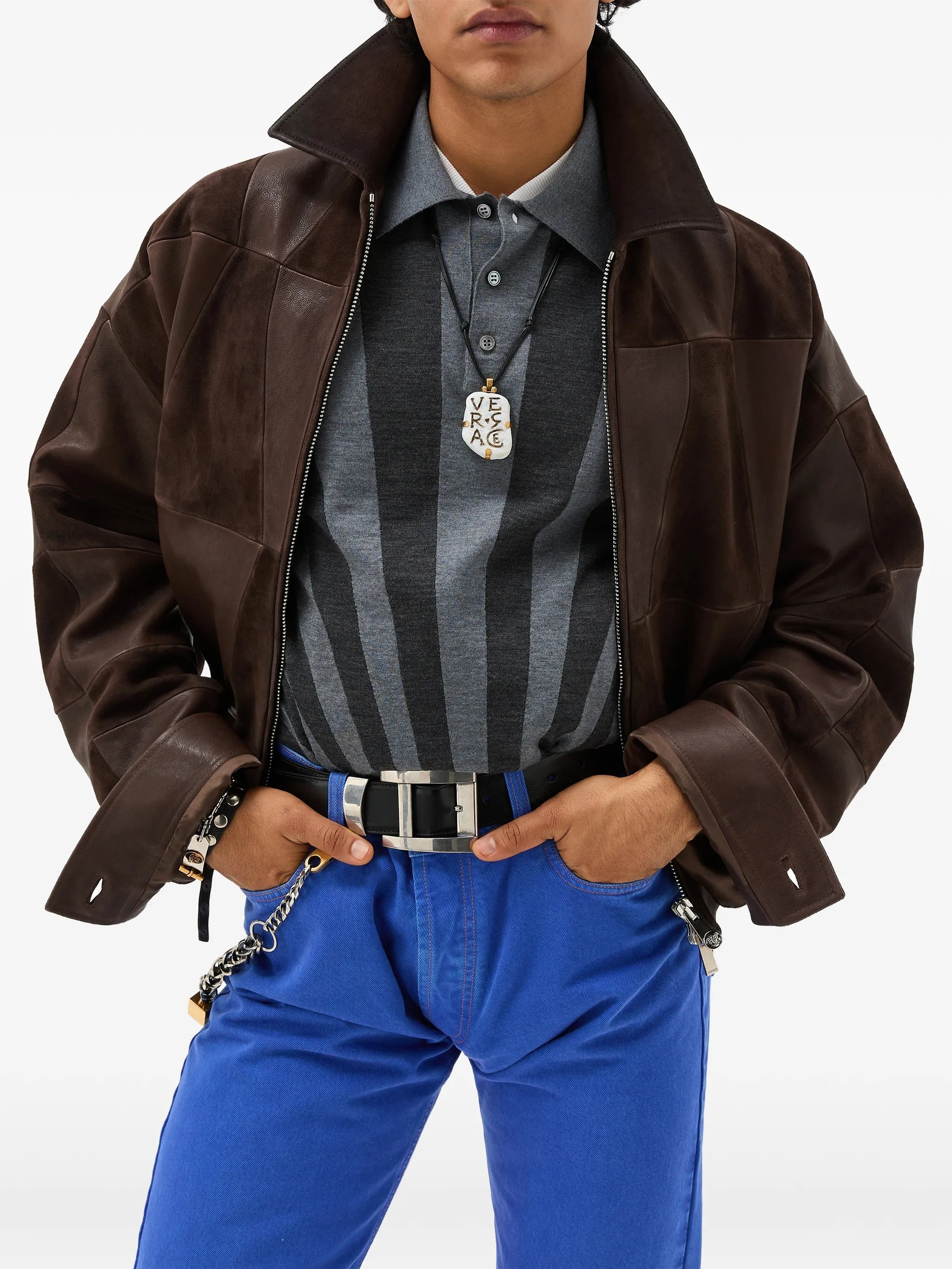 Brown Blouson Leather Patchwork Cropped Jacket