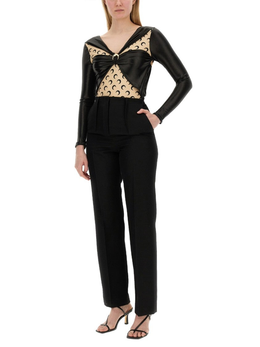 Draped Bodysuit With Glossy Black Fabric