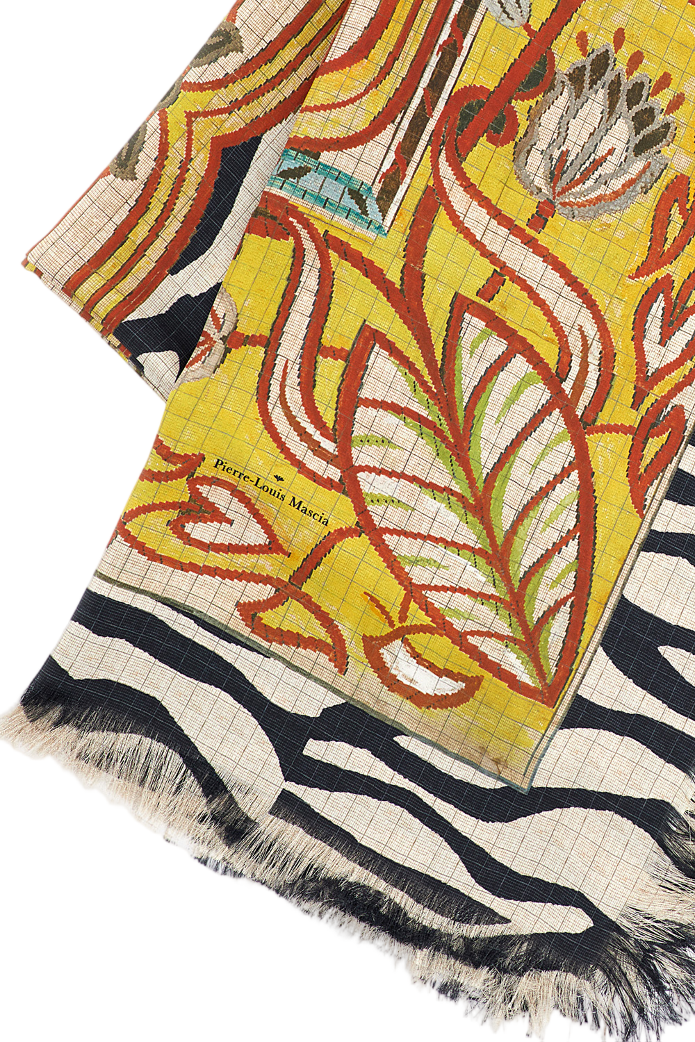 Multicolor Graphic Silk Scarf With Fringed Edges