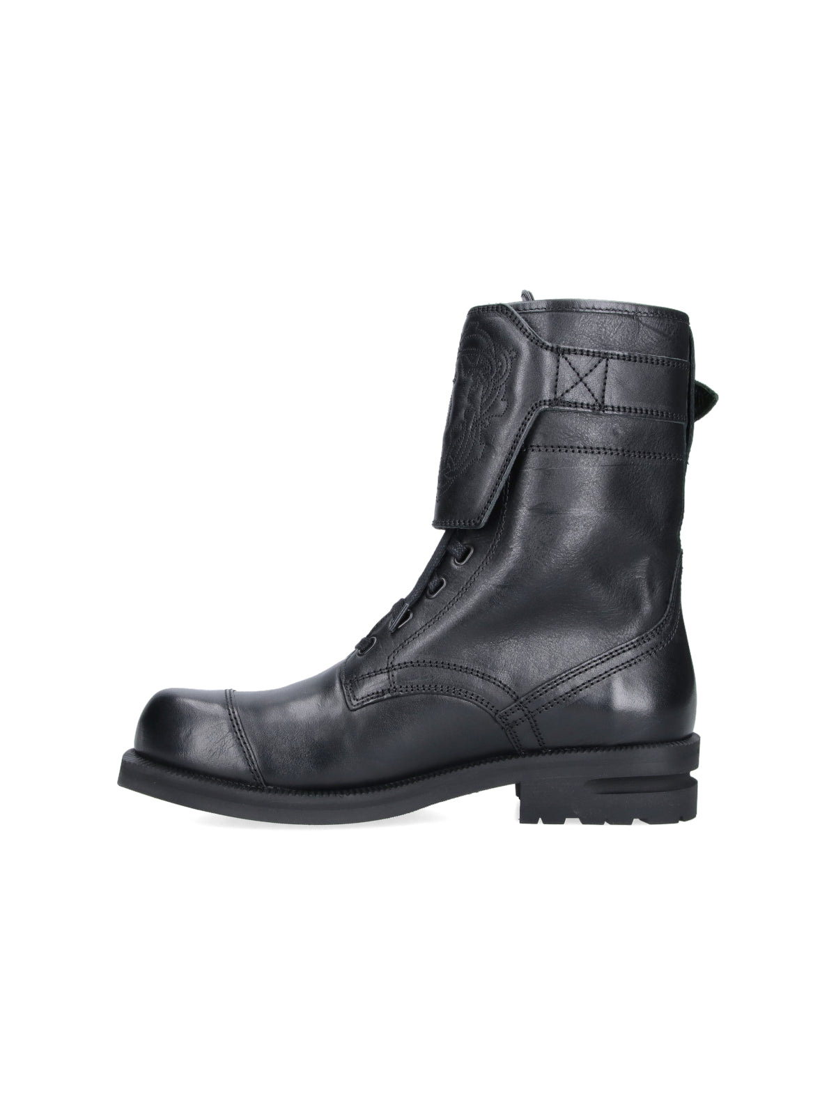 Black Lace-Up Buckle Leather Boots