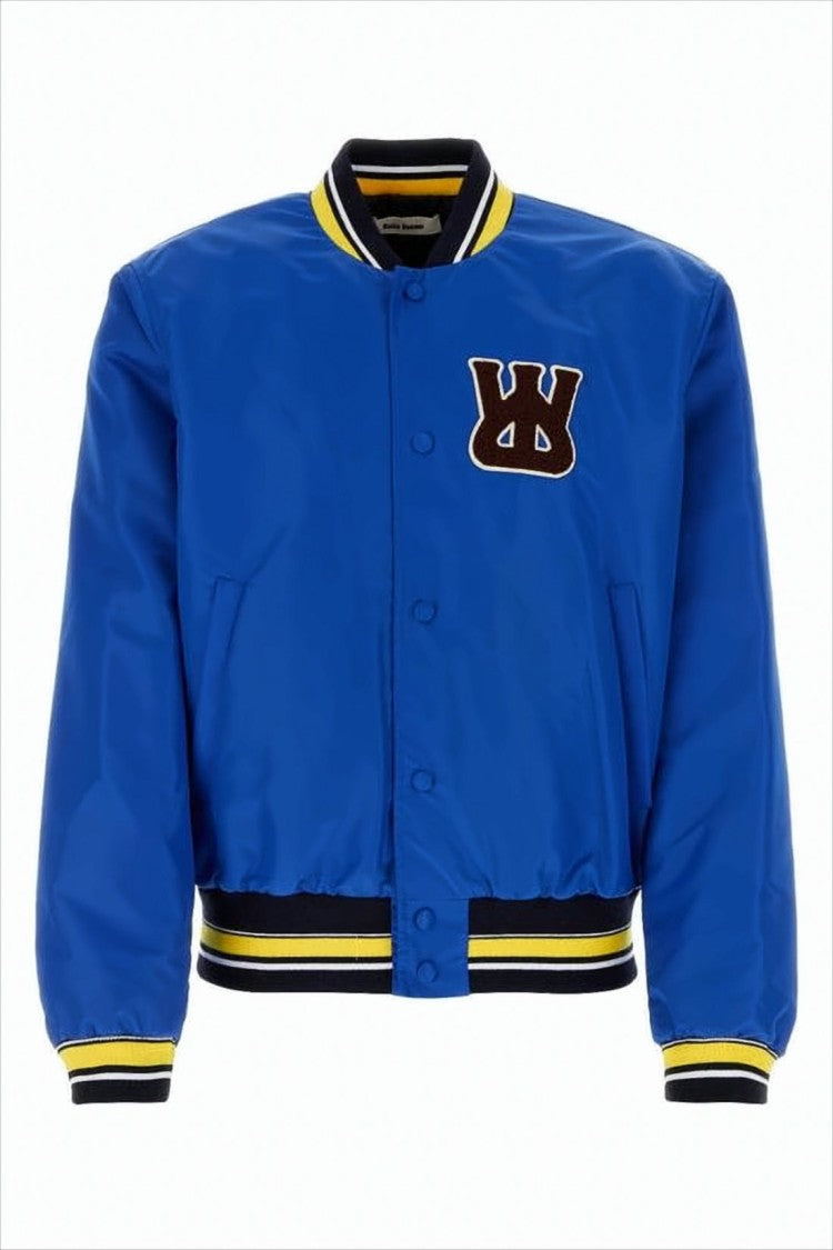 Blue Nylon Bomber Jacket with Embroidered Details
