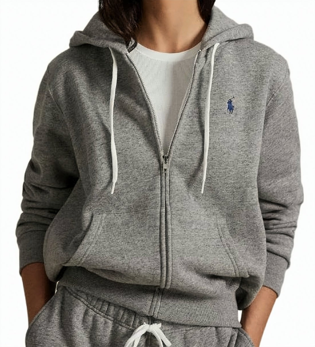 Heather Grey Zip-Up Hoodie With Adjustable Hood And Embroidered Logo