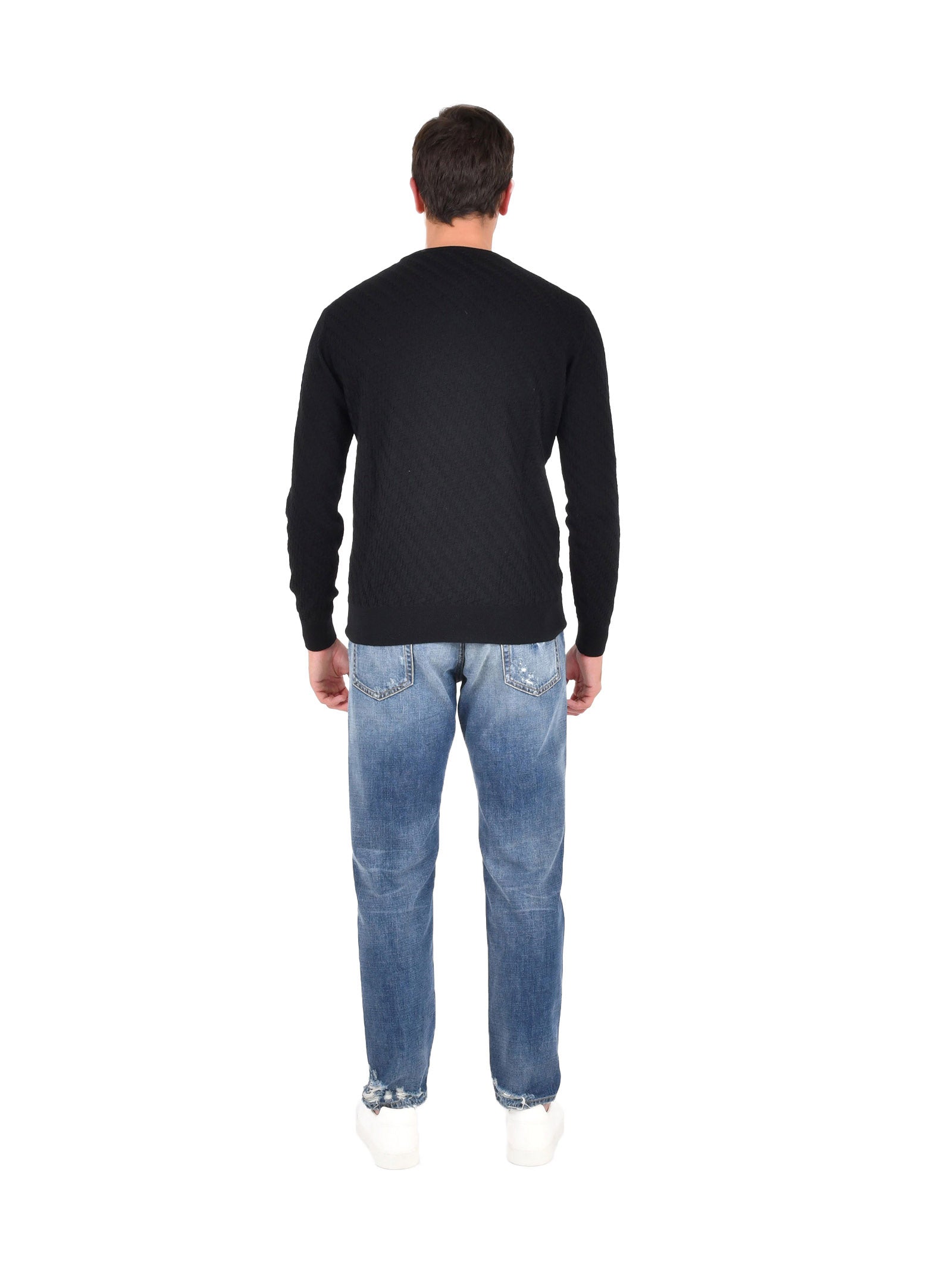 Black Crew Neck Sweater In Jacquard Virgin Wool