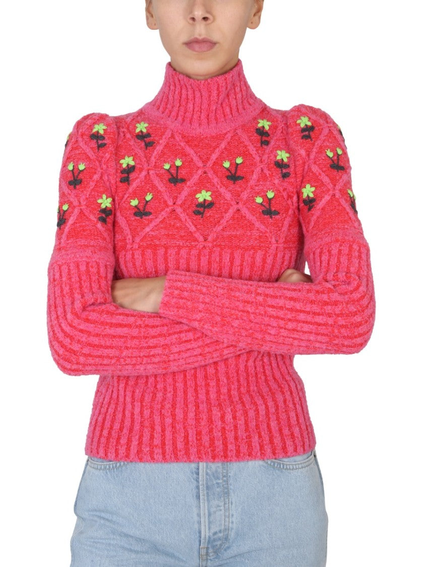 Ribbed Knit Jersey With Floral Embroidery