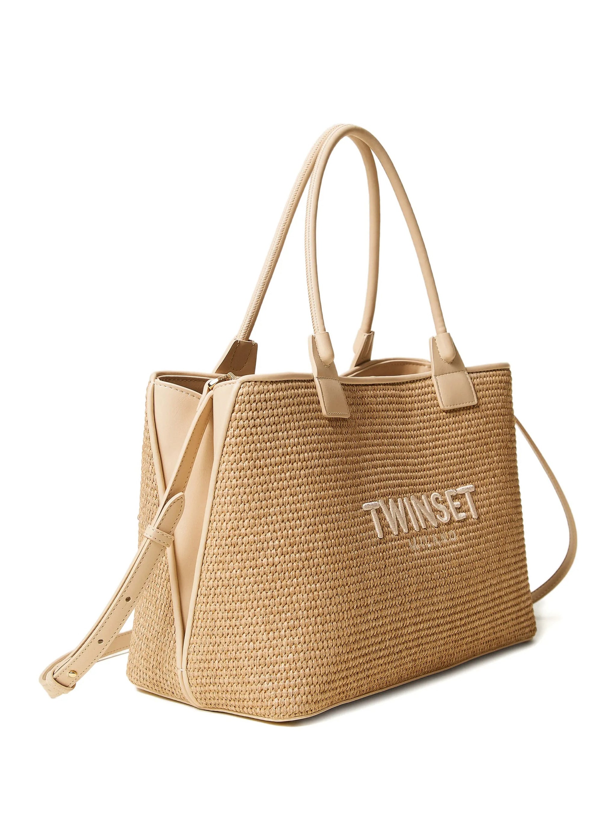 Beige Rectangular Woven Tote