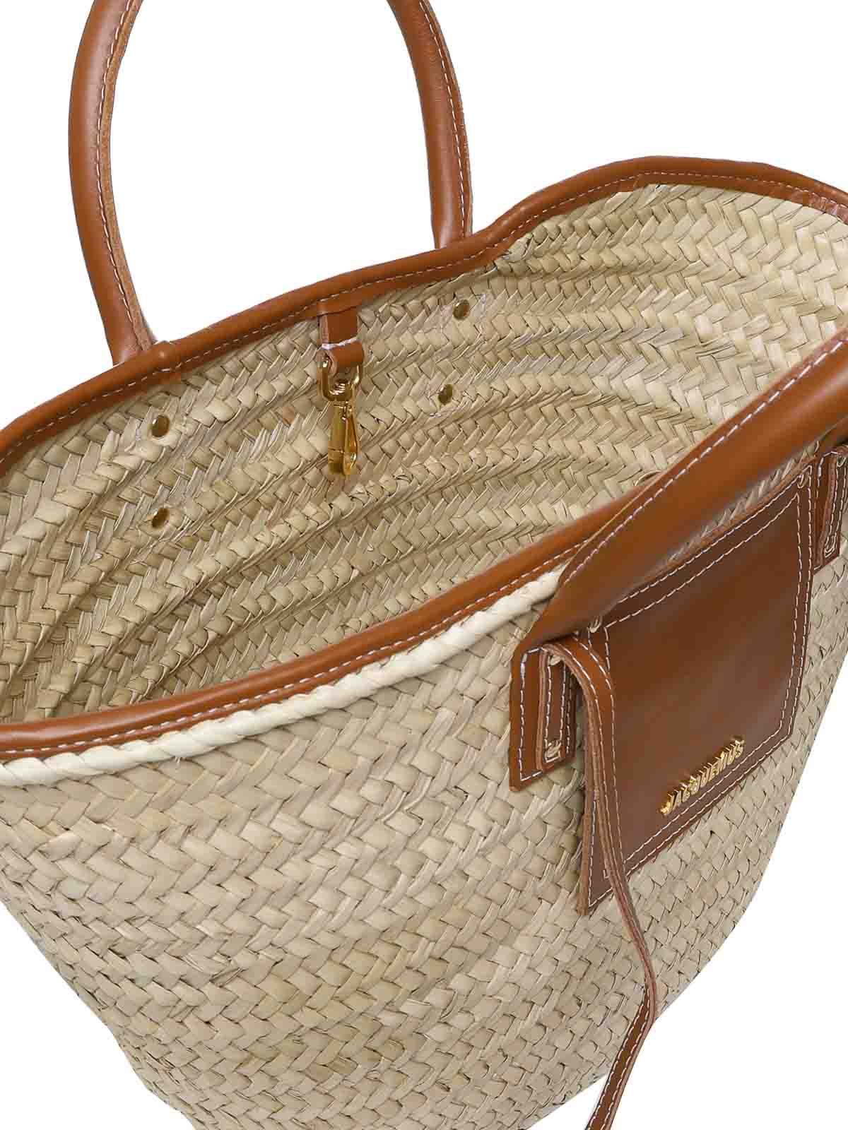 Woven Straw Tote Bag With Leather Trim And Handles