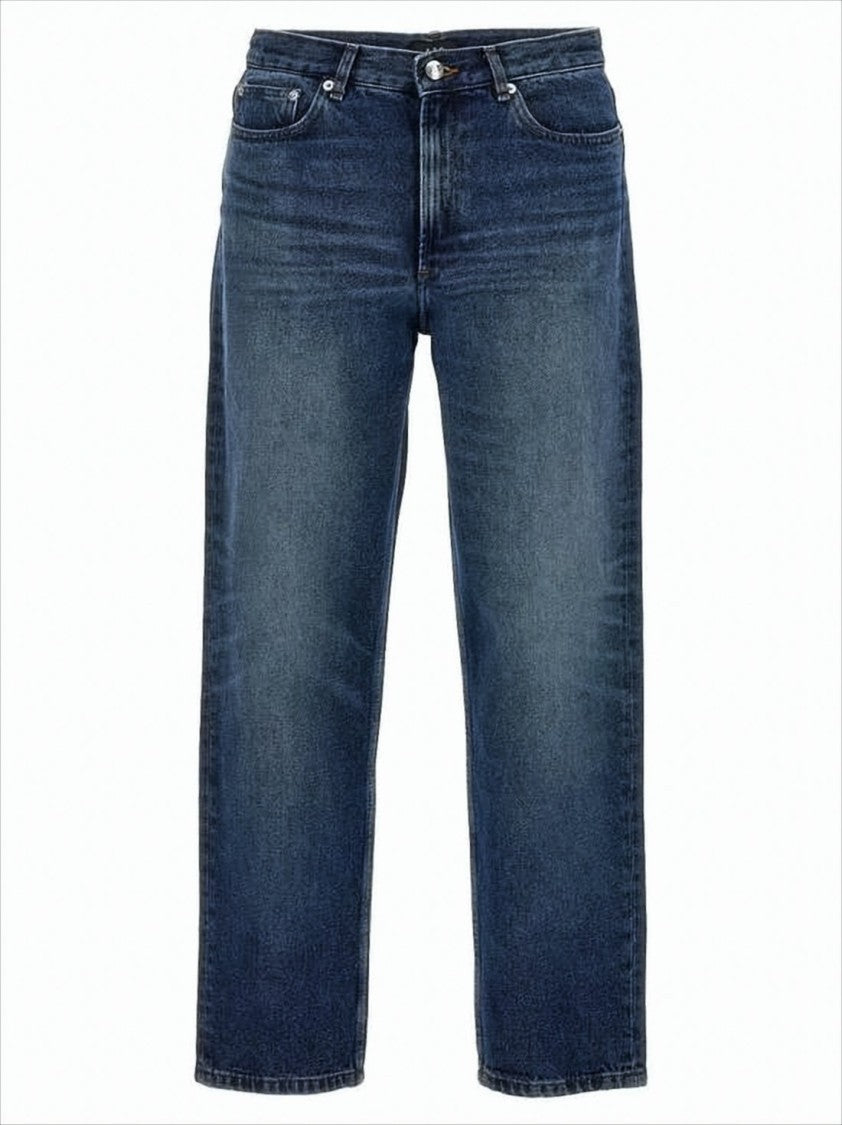 Mid-Blue Straight-Leg Denim Pants with Fading