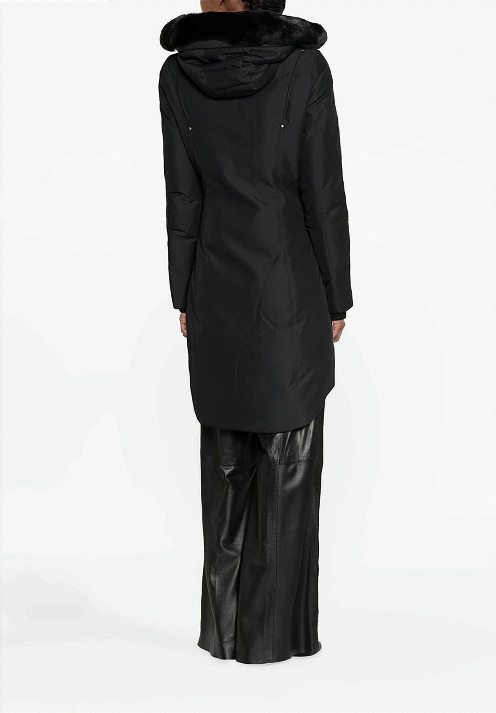 Longline Black Padded Parka with Fur-Trimmed Hood