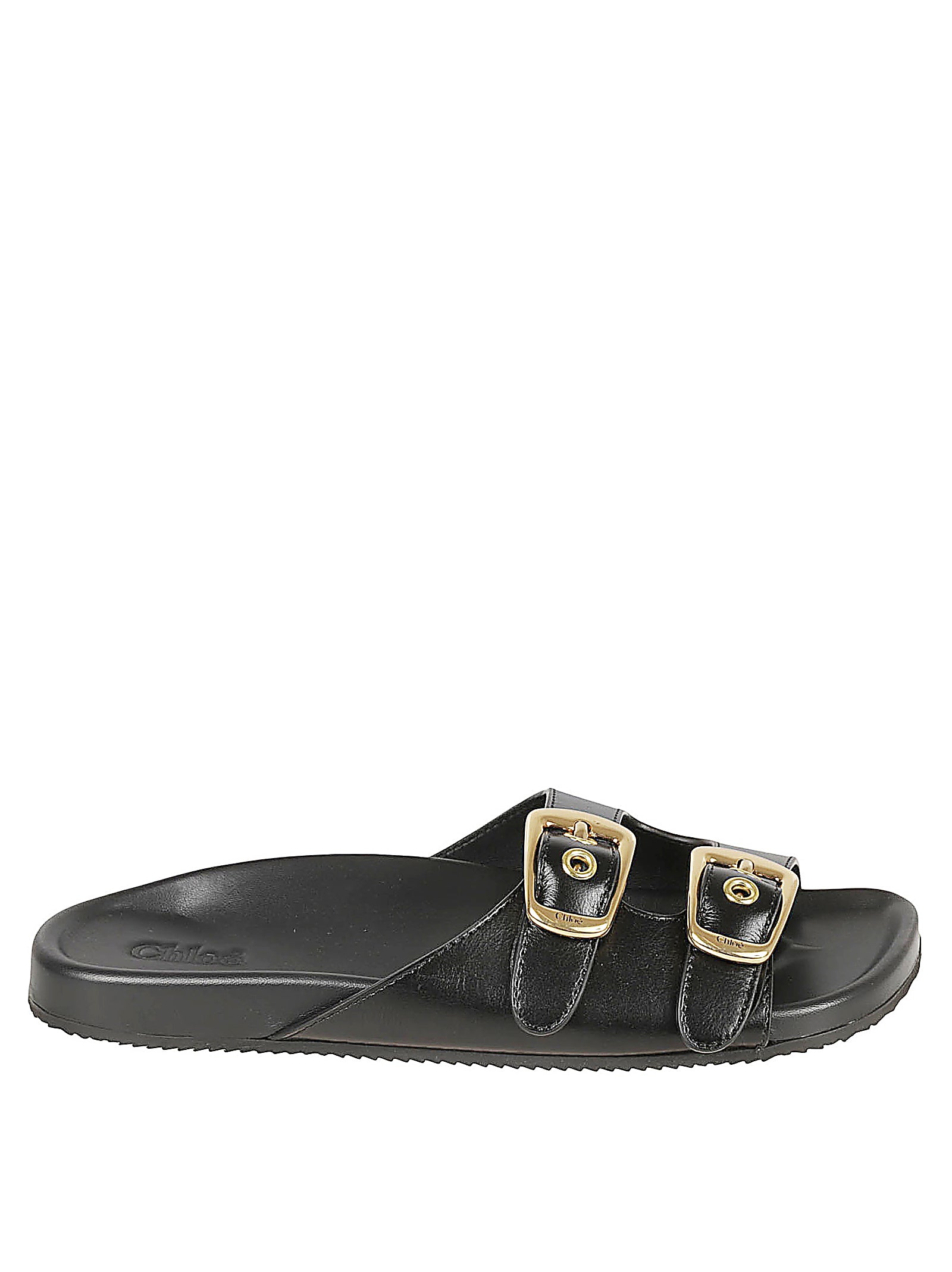 Contoured Black Leather Sandals With Gold-Tone Buckles