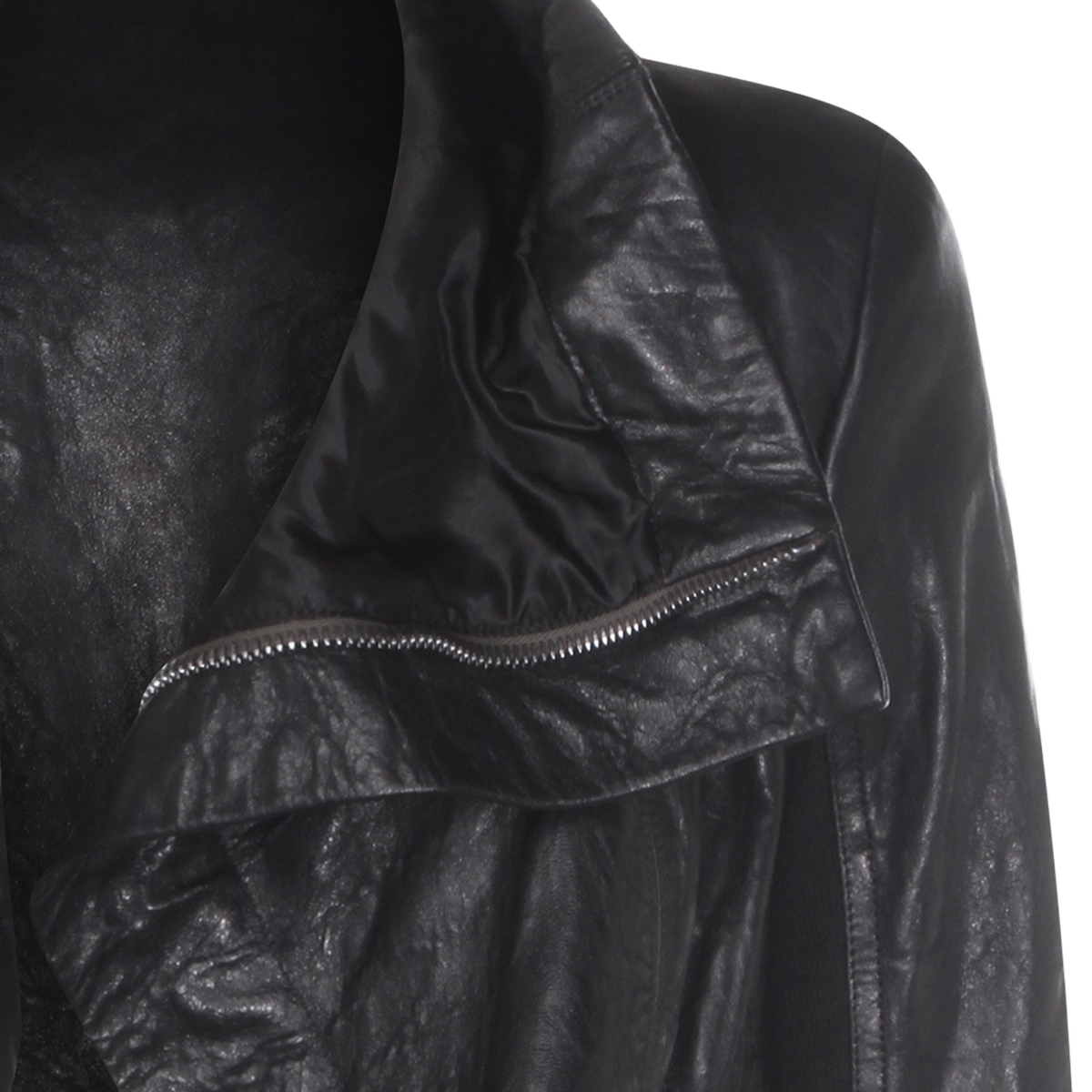 Asymmetrical Black Leather Jacket with Draped Collar