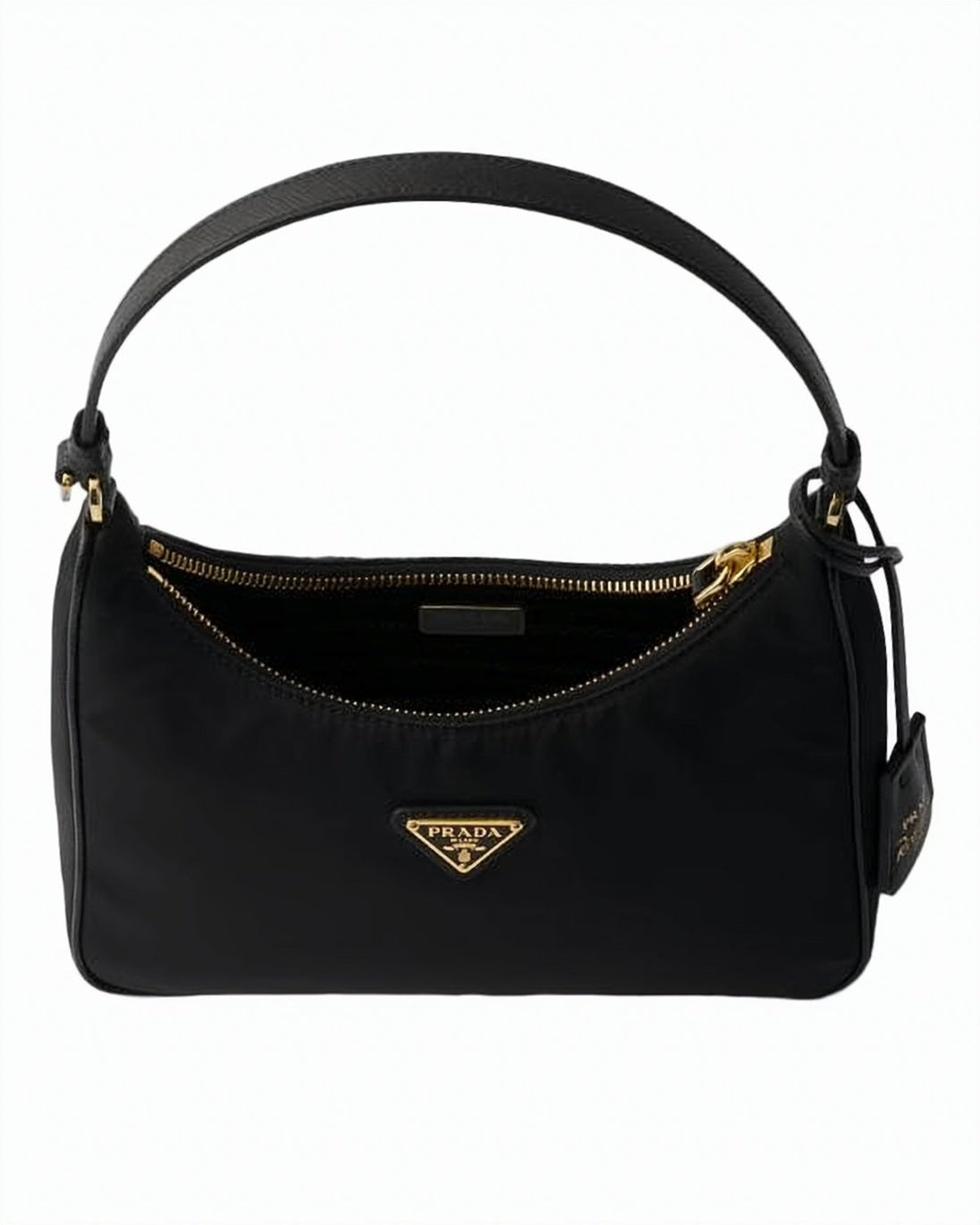 Compact Black Polyamide Shoulder Bag with Leather Strap and Gold-tone Hardware