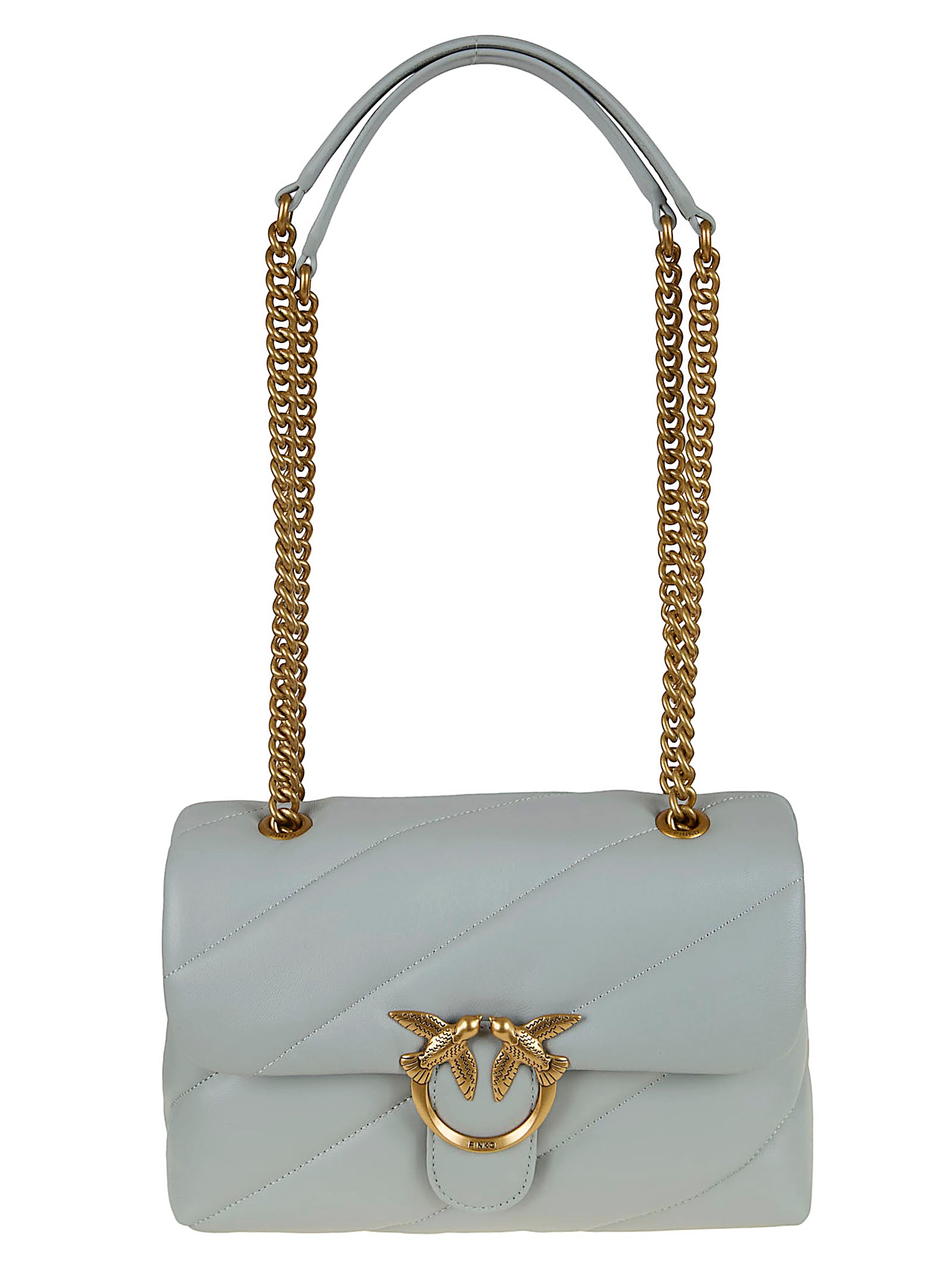 Quilted Grey Puff Shoulder Bag with Logo Buckle