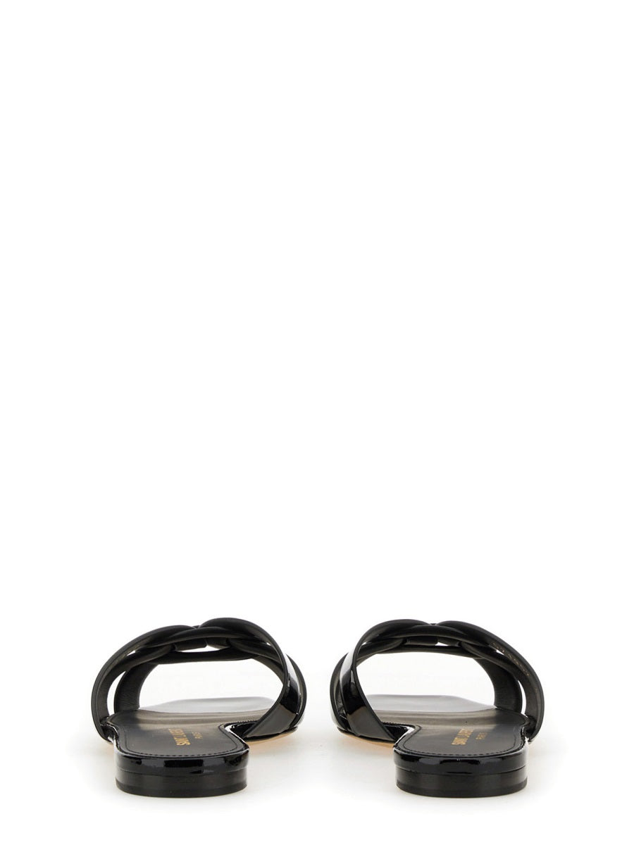 Black Glossy Calfskin Flat Tribute Sandals