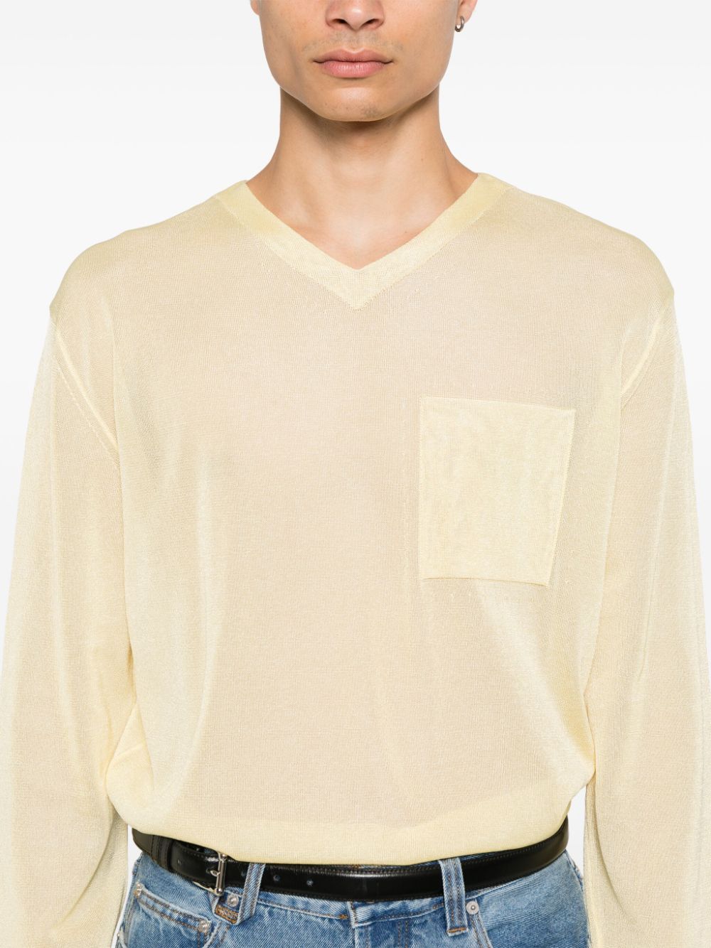 Light Yellow Semi-Sheer Knit V-Neck Sweater