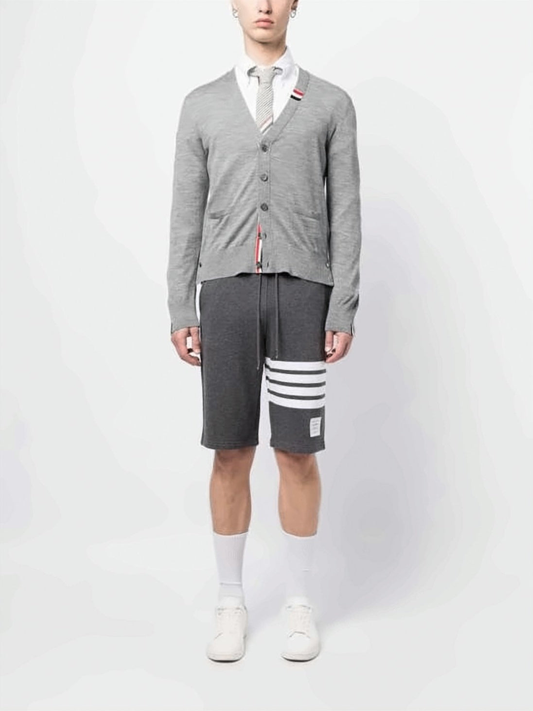 Drawstring Waist Dark Grey Shorts with Horizontal Stripes