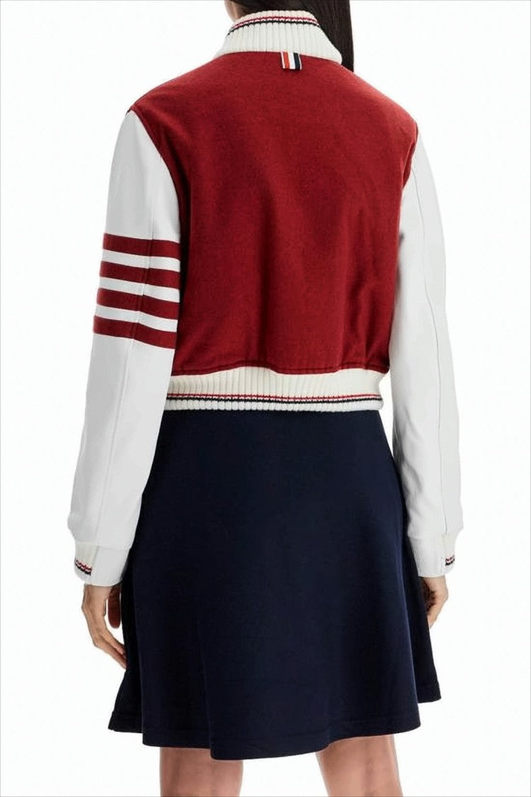Cropped Varsity Jacket in Rich Red with Contrast Leather Sleeves
