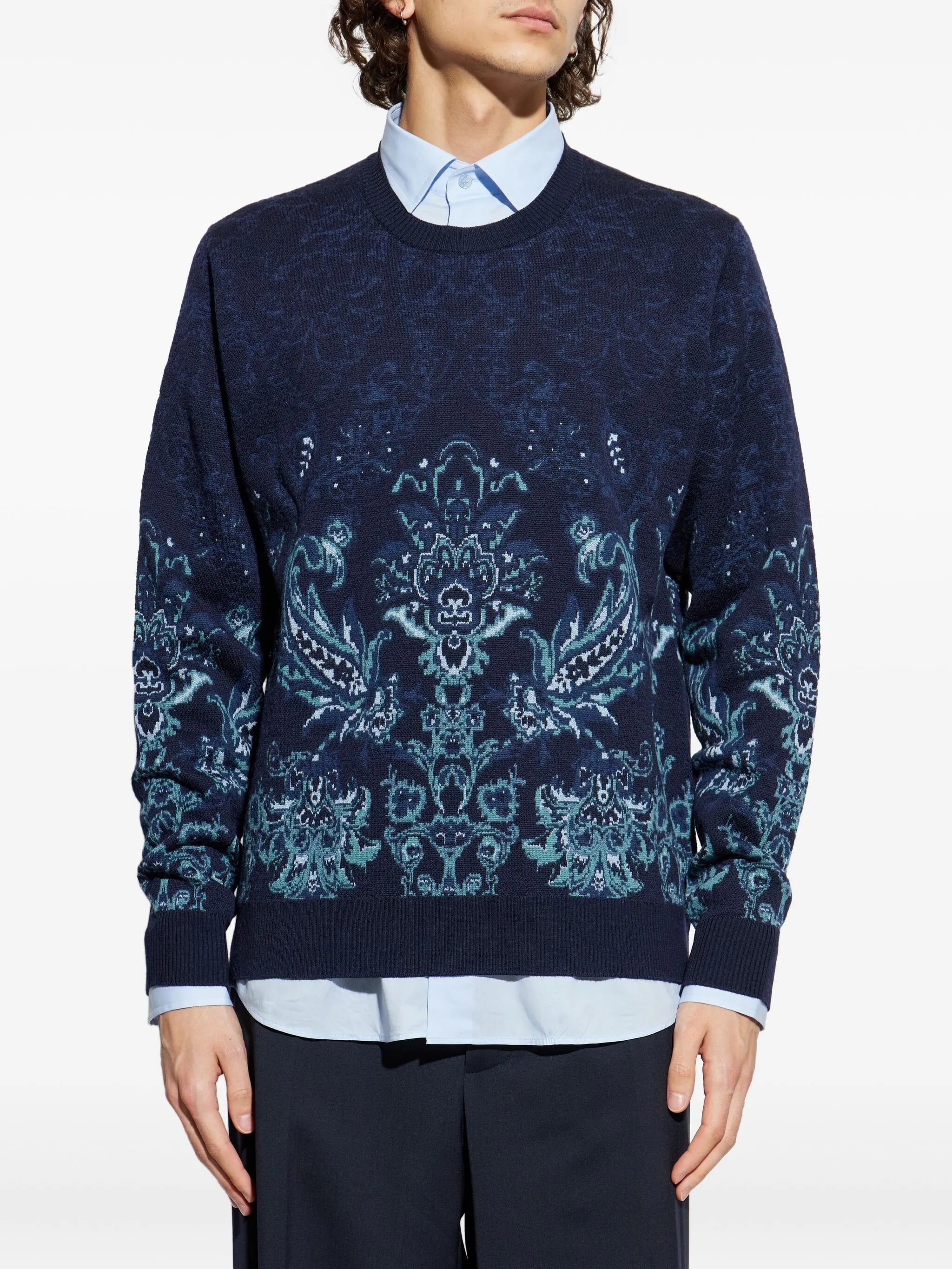 Jacquard Floral Navy Wool Knit Sweater