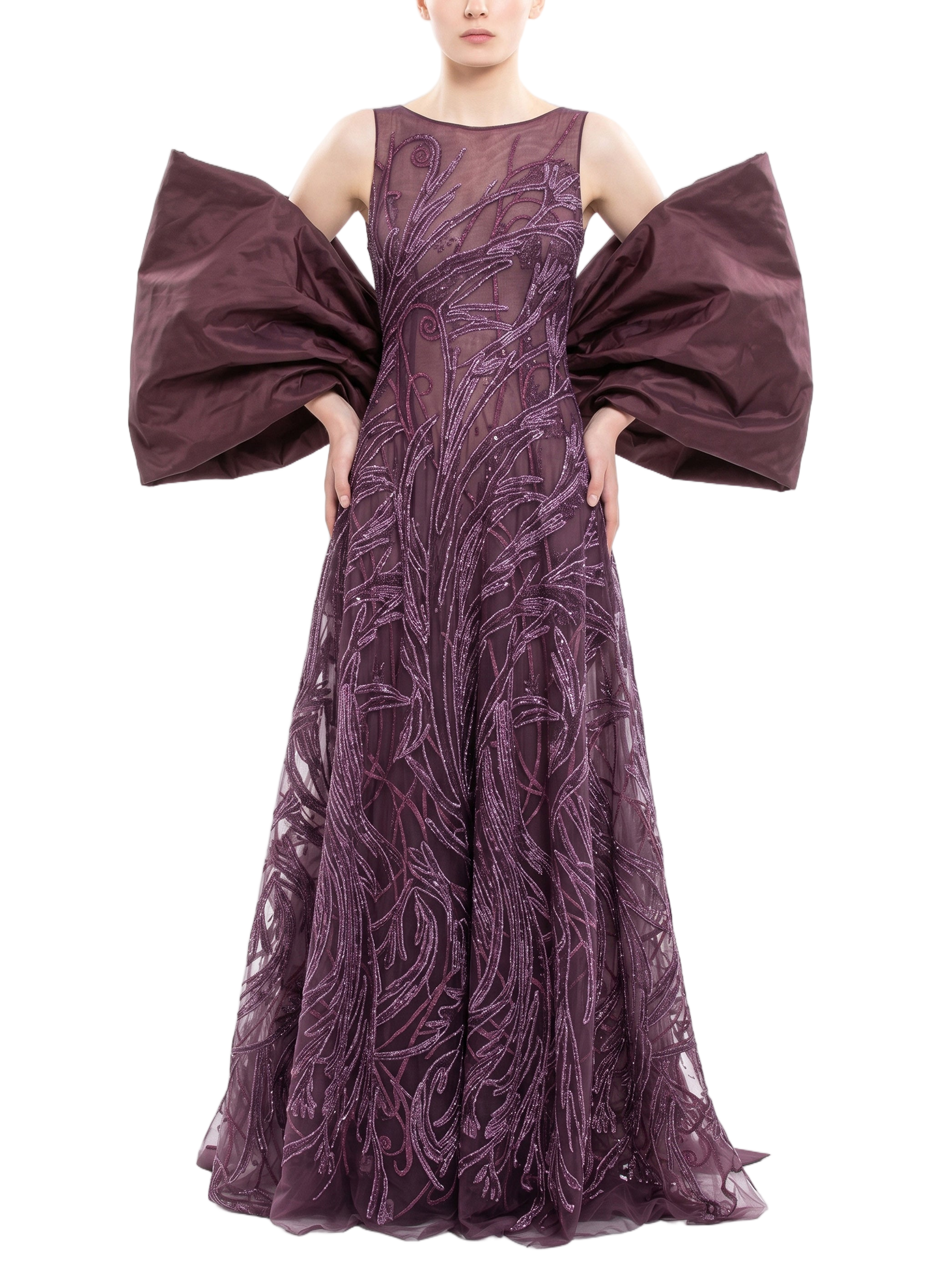 Bateau Neckline Embroidered Long Dress With Oversized Cape